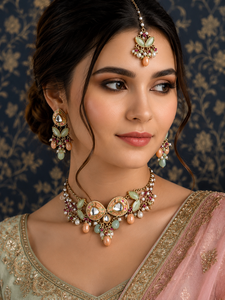 Traditional Ethnic Antique Gold Plated Copper Alloy Imitation Pearl Jewelry <b>Set</b> <b>Crystal</b> Rhinestone Necklace Earrings Women - Product Image 3
