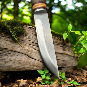 Cuchillo de caza hecho a mano de acero D2 con punta de caña, mango de madera y protector de acero para bushcraft y supervivencia al aire libre, funda de cuero incluida - Product Image 6