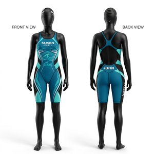 Premium 180 GSM polyester spandex swimwear uniform <b>blue</b> with light <b>blue</b> side panels heat transfer custom logo durable fit - Product Image 5