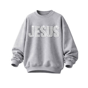 High Quality Bulk Supply Men Winter Grey Oversized <b>Sweatshirt</b> Rhinestone JESUS Print Crewneck Long Sleeve Comfortable Fashion - Product Image 2