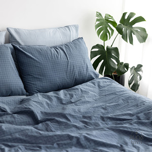 Washed Linen-Like Bedding Set 3 Pieces 2 Pillow cover Fitted <b>Bed</b> <b>Sheet</b> Soft Premium 100% Cotton Washed King <b>Queen</b> Indigo check - Product Image 5