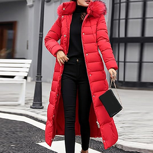 Red Long Puffer <b>Coat</b> Women <b>Winter</b> Warm Hooded Jacket Quilted Full Length Padded Parka Windproof <b>Thick</b> Maxi Overcoat Outwear - Product Image 4