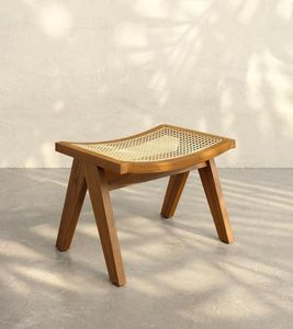 Premium Solid Teak Wood Ottoman Natural Rattan Cane Webbing Inverted V Leg <b>Footstool</b> - Product Image 1