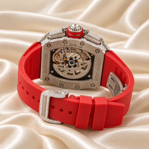 Montre mécanique de luxe pour homme Raj Gems, boîtier en acier inoxydable, bracelet en silicone rouge, chronographe analogique, ovale 30 mm, mouvement ETA, lumineuse, tendance - Product Image 2