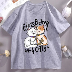 Pattern Life Is Better with Cats Graphic <b>T</b> <b>Shirts</b> <b>Funny</b> Valentine's Day Short Sleeve Round Neck <b>T</b>-<b>shirts</b> Streetwear Loose Tops - Product Image 5