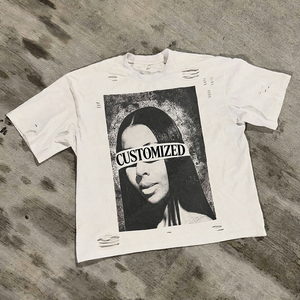 T-shirt blanc pour homme, été, effet usé, coton de haute qualité, épaules tombantes, coupe ample, streetwear, t-shirts graphiques - Product Image 4