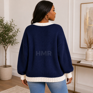 HMR Sisterhood Sorority Acrylic <b>Navy</b> Blue Knitted <b>Cardigan</b> With Cream Trim Long Sleeve Casual Open Front Sweater - Product Image 4