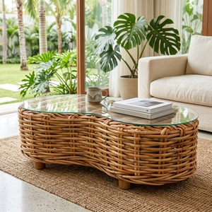 New Modern Minimalist Rinjani <b>Round</b> Coffee <b>Table</b> Natural Woven Rattan Glass Top Center Tea Accent <b>Table</b> Living Room Patio - Product Image 4