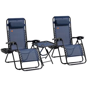 Set di 3 Sedie Pieghevoli Reclinabili Blu a Gravità Zero con Tavolino Laterale e Portabicchieri, Poggiatesta per Piscina e Campeggio - Product Image 1