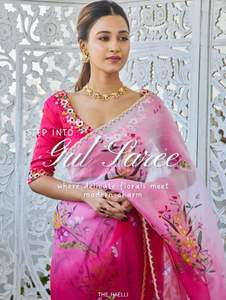 Sari en soie Tebby doux avec un magnifique imprimé floral, orné de perles, de paillettes et de broderies Katdana sur la bordure. - Product Image 3