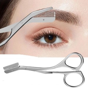 Ciseaux à sourcils en acier inoxydable avec peigne argenté, outil de maquillage et de rasage pour femmes et hommes, conception à étages avec fonction peigne - Product Image 1