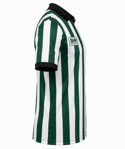 Men Green White Striped Referee Polo <b>Shirt</b> Black Collar Button Placket Short Sleeve Professional Football Officials Game Jersey - Product Image 3