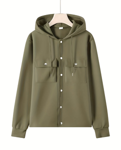 Olive Green Hooded Button-<b>Up</b> Sweatshirt Unisex Regular Fit Casual Autumn Wear Knitted Breathable Long Sleeve 100% Cotton Front - Product Image 1