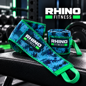 สายรัดข้อมือ RHINO FITNESS ลายพรางสีน้ำเงิน ผลิตจากโพลีเอสเตอร์และผ้าฝ้าย พร้อมแถบตีนตุ๊กแกสำหรับยกน้ำหนัก เพาเวอร์ลิฟติ้ง และออกกำลังกายในยิม - Product Image 1