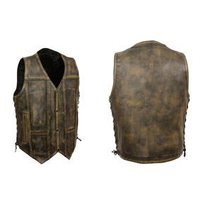 Gilet en cuir véritable respirant et confortable pour homme, style motard col en V avec boutons et poches, finition délavée, vêtement d'extérieur pour l'automne - Product Image 2