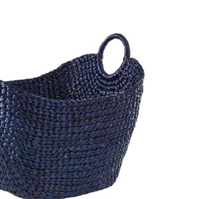 Navy Blue Woven Water Hyacinth Basket Storage Laundry <b>Hamper</b> with Ring Handles Eco Friendly Home Organizer Container <b>Box</b> - Product Image 4