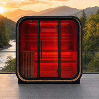 Ruang Sauna Luar Ruangan Kayu Cedar Merah, Sauna Uap Persegi untuk 2-4 Orang, Bersertifikasi ETL, Dek Kustom dengan Terapi Cahaya Merah Opsional, Smart WiFi
