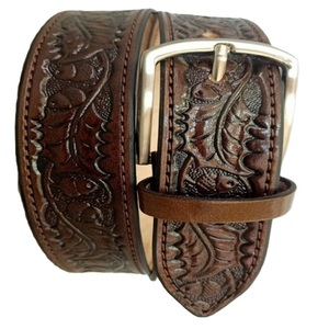 Cinturón de Cuero Clásico Marrón con Grabado Floral, Hebilla Grabada en Plata Antigua, Accesorios de Moda Retro, Cinturón de Cuero Estilo Western - Product Image 5