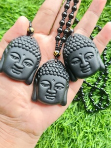 Pendentif visage du Bouddha en obsidienne noire avec perle d'obsidienne Mala – Un symbole de paix, de protection et de prospérité - Product Image 3