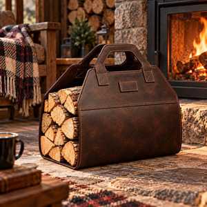 Sac de transport vintage en cuir véritable pour bûches, sac fourre-tout robuste en toile pour bois de chauffage, sac de rangement extérieur LLR-0105 - Product Image 5