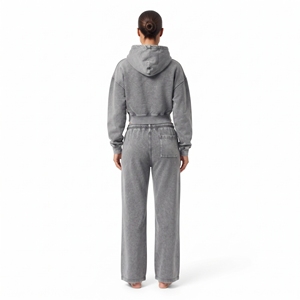 Manufacture Women's Casual Wear Acid Wash Cotton Fleece Full Zip Drop Shoulder <b>Crop</b> <b>Top</b> And Wide Leg Jogger <b>Set</b> - Product Image 4