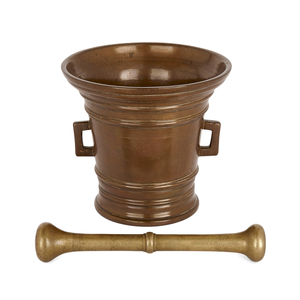 Classic dark bronze brass mortar pestle set with dual side handles and flared rim, available at wholesale prices. - Product Image 1