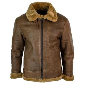 Blouson aviateur en cuir véritable pour homme avec doublure en fourrure de mouton, col rabattable, fermeture éclair, style moto hiver - Product Image 4