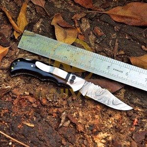 Cuchillo Plegable OEM de Acero de Damasco con Punta Caída, Mango de Micarta, Borde Biselado y Hoja Fija de 0.6mm de Grosor - Product Image 2