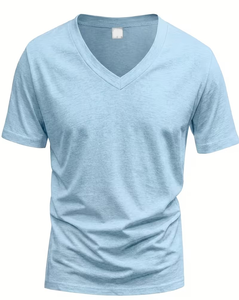 Men's V-Neck Short Sleeve Solid Light Blue Cotton T-Shirt Regular Fit Casual Breathable Jersey Knitted - Product Image 2