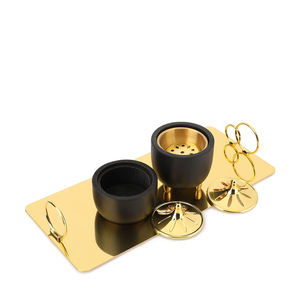 Encensoir en bois du Moyen-Orient avec couvercle en laiton et plateau en métal doré pour l'aromathérapie - Product Image 1