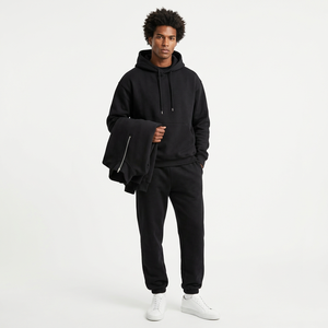 Conjunto de Sudadera Casual para Hombre, Color Negro Sólido, Sudadera con Cierre de Cremallera, Cuello Redondo, con Pantalones Deportivos - Product Image 6