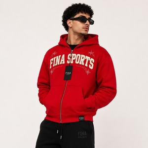 Sudadera con capucha roja para hombre, cierre de cremallera, corte regular, forro polar de algodón, estilo deportivo, estampado de logotipo frontal, ropa de otoño, sudaderas con pedrería - Product Image 1