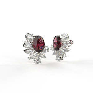 Luxury Flower <b>Stud</b> <b>Earrings</b> With Oval Garnet And Diamond Claw Setting 925 <b>Silver</b> Women's Wedding Jewelry - Product Image 3