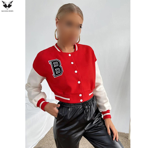 Customized Made <b>Red</b> White Letter B Varsity Jacket Full Sleeve Turn Down Collar Short Length Autumn Wear Women's Jackets - Product Image 4