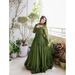 PANTALON ROBE DE TRAVAIL FANTAISIE GEORGETTE LINNING AVEC DUPATTA PERROQUET VERT - Product Image 1