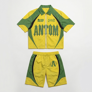 Custom Y2K Graphic Mens Summer Streetwear Outfit Yellow Short Sleeve <b>Zip</b> <b>Up</b> Shirt And Shorts Set Casual Tracksuit Clothing Set - Product Image 2