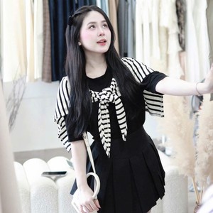 Ensemble robe midi décontractée pour femme de style coréen avec écharpe à nœud uni sur l'épaule, tenue chic - Product Image 2