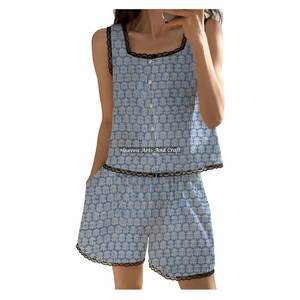 Conjunto de Pijama Clásico con Estampados Índigo, Hecho a Mano en India, con Ribete de Encaje de Algodón, Pantalones Cortos, Conjunto de Pijama sin Mangas con Estampado Floral para Primavera/Verano - Product Image 6