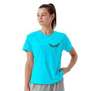 T-shirt à col rond pour femme bleu clair avec broderie logo, respirant, coupe classique, manches courtes, couleur unie, haut de yoga - Product Image 6