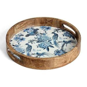 French Country Style Scalloped Wooden Platter Mint Floral Enamel Snack <b>Tray</b> Matching <b>Small</b> Dipping Bowl Set - Product Image 4