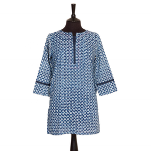 SALE Long KURTA TOP All Sizes Style 6 Indigo with White Scallop Design 100% Lightweight V-neck Long Sleeve Top For Women - Product Image 2