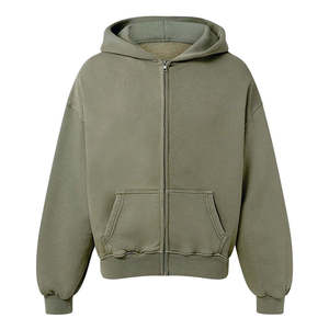 Sweat à capuche zippé vert olive, coupe ample streetwear, grande taille, molleton épais vert sauge, personnalisable avec logo - Product Image 1