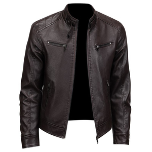 Blouson moto en cuir noir pour homme, col montant, fermeture éclair sur le devant, coupe ajustée, couleur unie, manches classiques, style motard, pour l'automne - Product Image 2