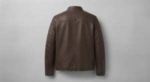Brown Solid Finished PU Leather <b>Jacket</b> <b>Men</b> Zip up <b>Racer</b> Coat Windproof Waterproof Stand Collar Casual Motorbike Outerwear - Product Image 2
