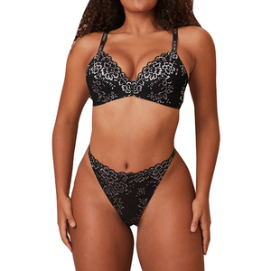 Conjunto de sujetador y braga de bikini sin aros para mujer, de talle alto, con bordado floral, de elastano/poliéster, elegante, servicio OEM para venta al por mayor - Product Image 1