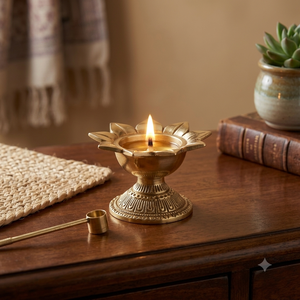 Blooming Lotus Flower Brass Diya on Engraved Pedestal Traditional Hindu Pooja Oil <b>Lamp</b> <b>Antique</b> Gold Finish Home Decor Wholesaler - Product Image 3