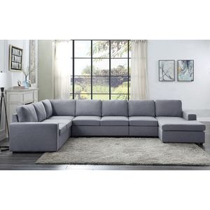 Divano Componibile Reversibile Tifton 147 in Lino Grigio Chiaro a 7 Posti con Chaise Longue per Soggiorno - Product Image 5