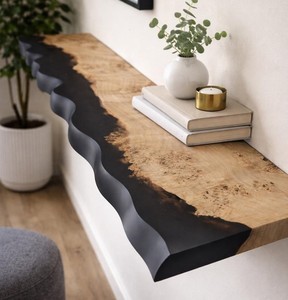 <b>Black</b> Wave Epoxy <b>Console</b> <b>Table</b> Floor Mount Wood Resin Handmade Modern Eco-Friendly Durable Rectangle Entryway Hallway Home - Product Image 1