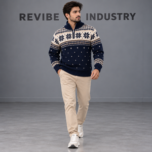 Suéter de punto para hombre con cremallera de un cuarto, diseño de copo de nieve, azul marino y crema, para Navidad, cuello alto, jersey de invierno, venta al por mayor OEM - Product Image 3