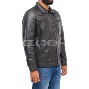 Veste moderne noire de style Cafe Racer avec poches zippées |   Vestes en cuir véritable pour hommes, style streetwear, avec col montant - Product Image 4
